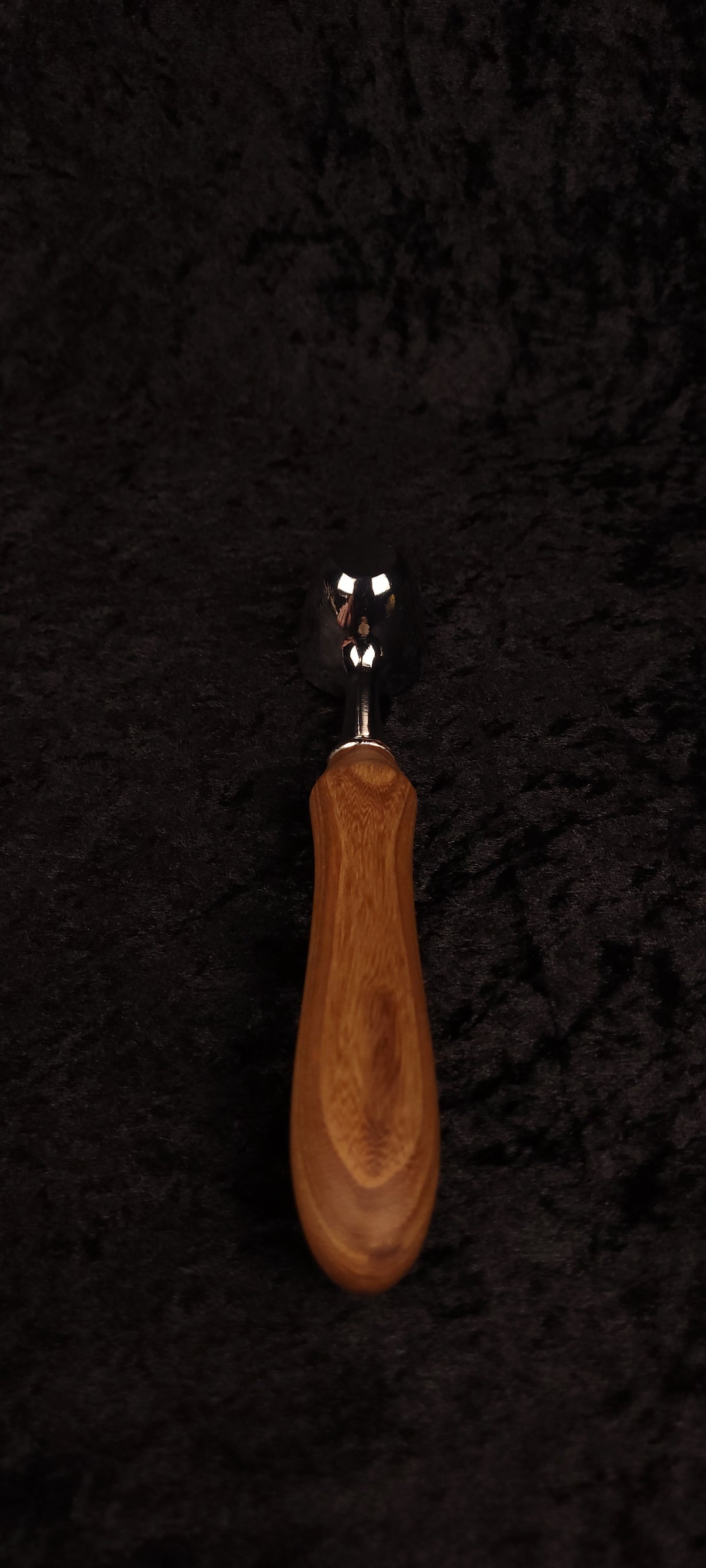 Catalpa wood coffee scoop No. 3 upright view showing elongated handle and chrome neck ferrule