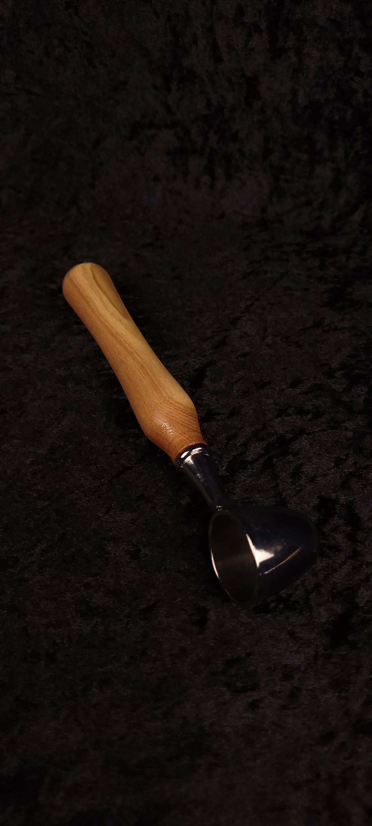 Catalpa wood coffee scoop No. 4 side view showing chrome dome scoop bowl and pale Catalpa handle