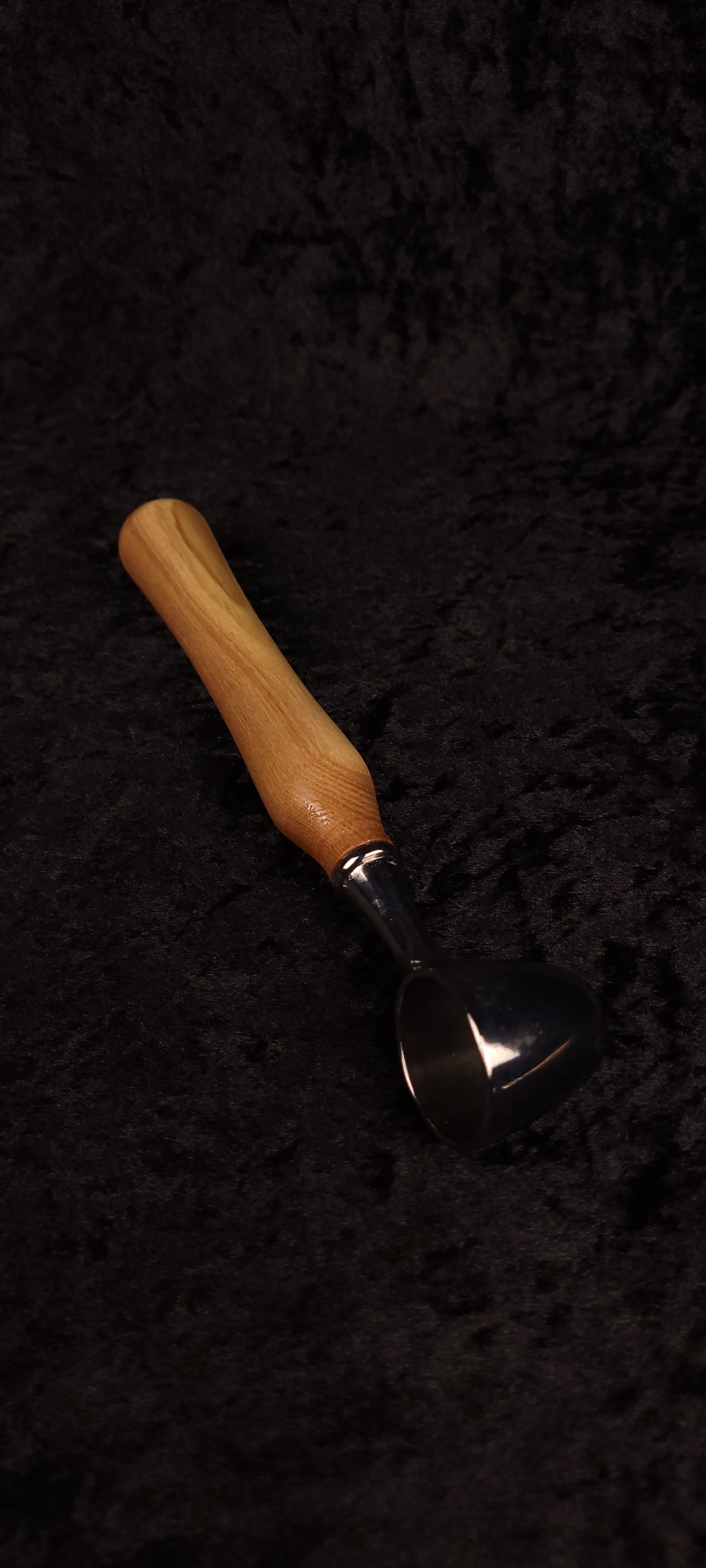 Catalpa wood coffee scoop No. 4 side view showing chrome dome scoop bowl and pale Catalpa handle