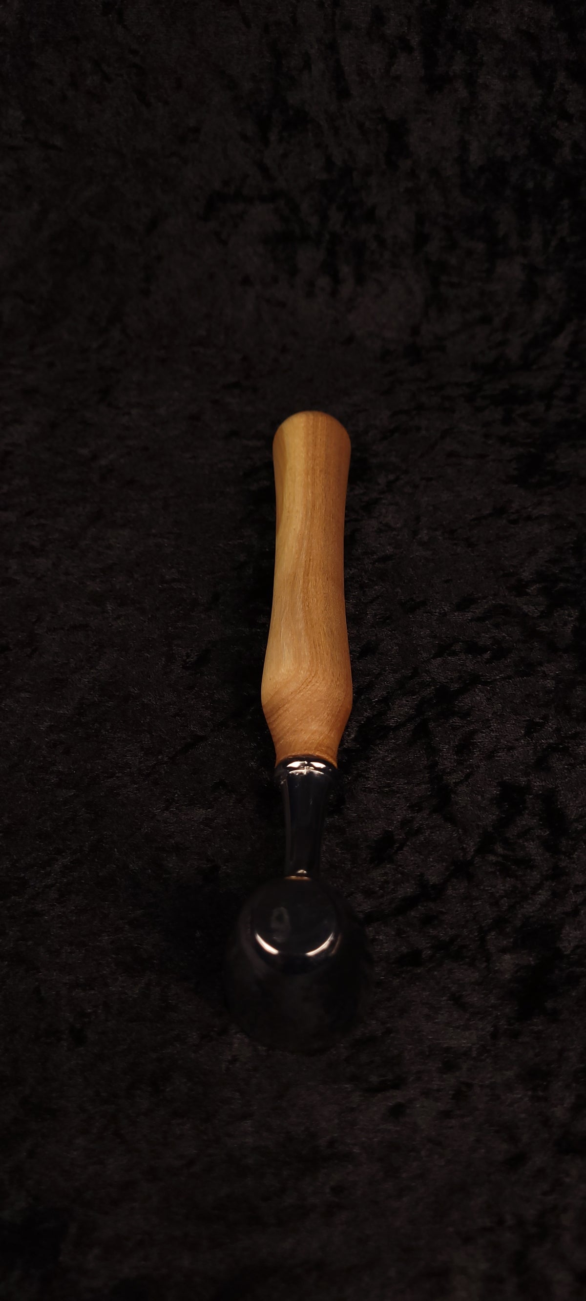 Catalpa wood coffee scoop No. 4 upright view showing full tapered handle length and chrome neck ferrule
