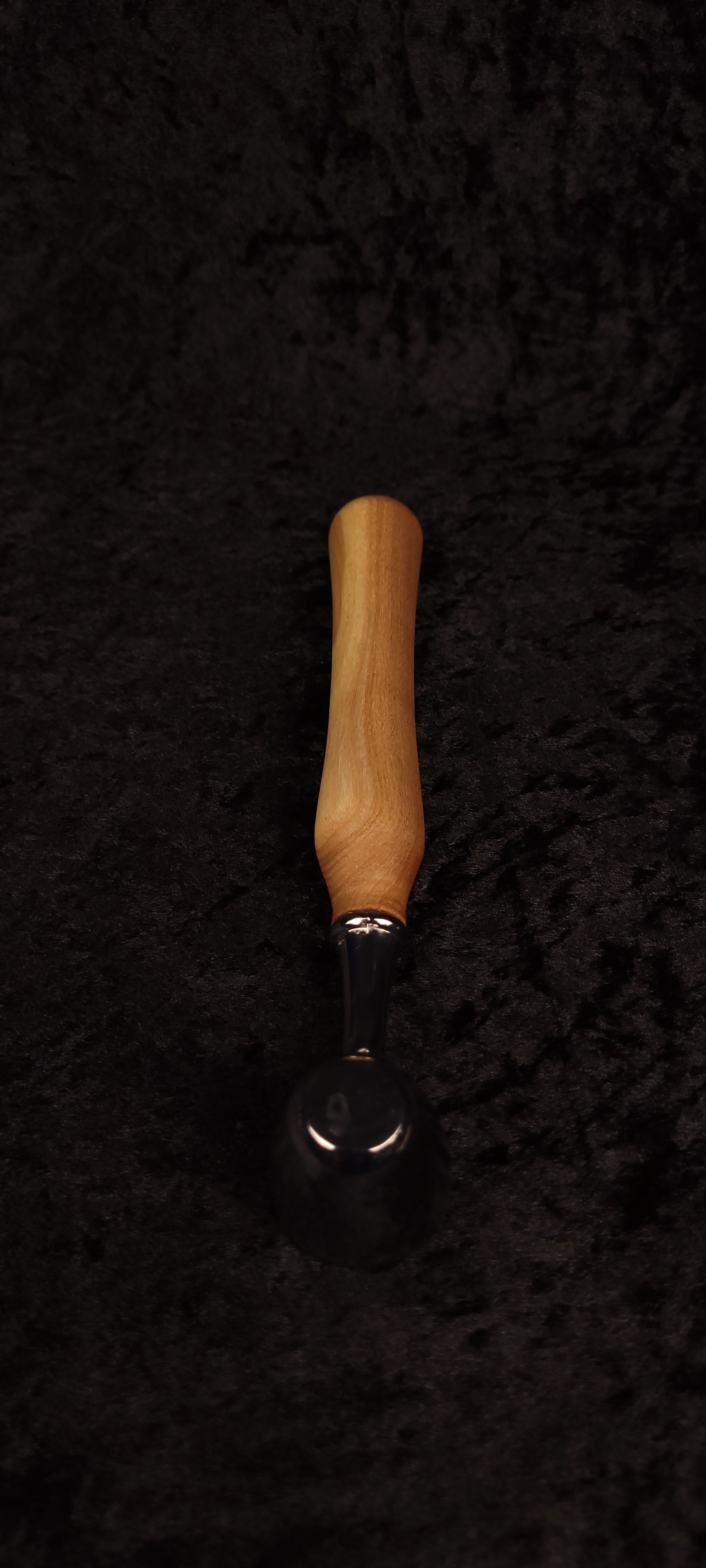 Catalpa wood coffee scoop No. 4 upright view showing full tapered handle length and chrome neck ferrule