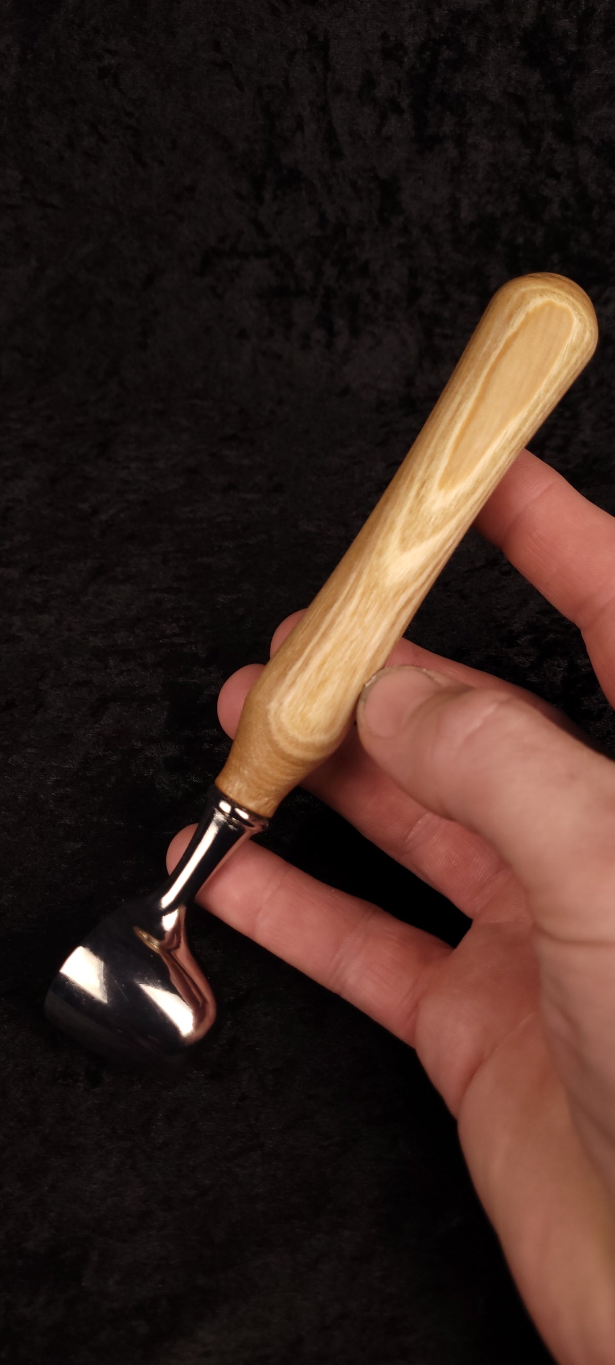 Catalpa wood coffee scoop No. 4 held in hand showing scale, chrome dome scoop and pale Catalpa handle