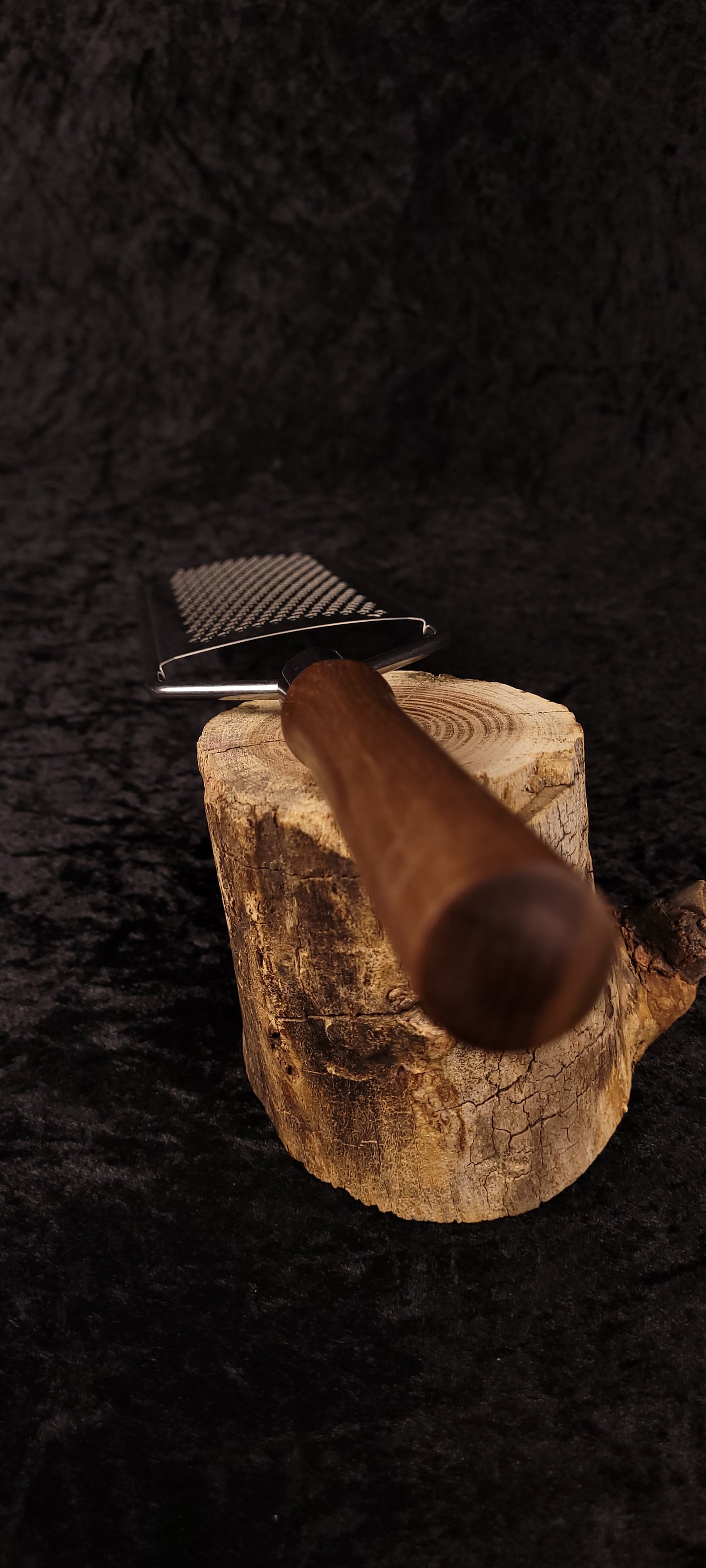 Walnut rasp grater resting on wood round, side view