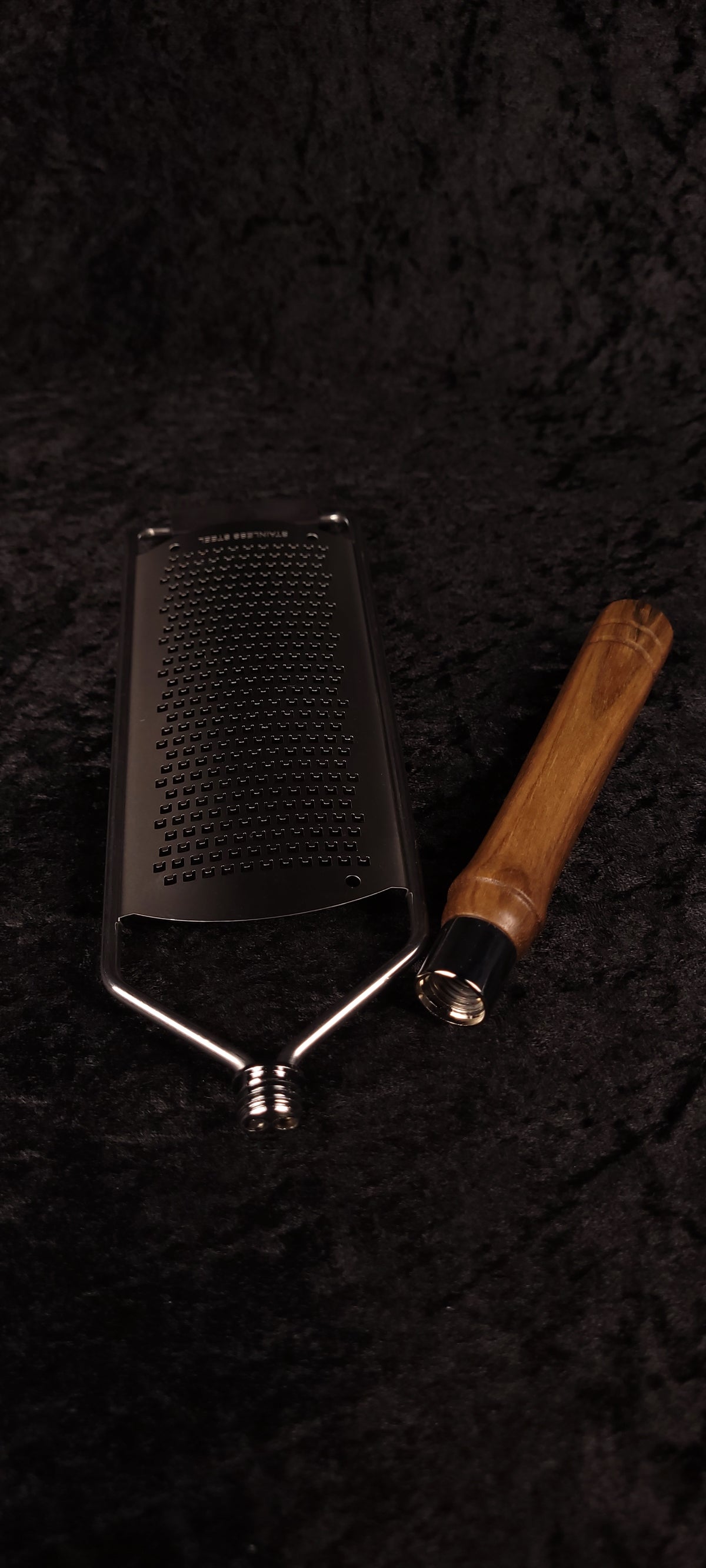 Walnut rasp grater with handle and grating head separated