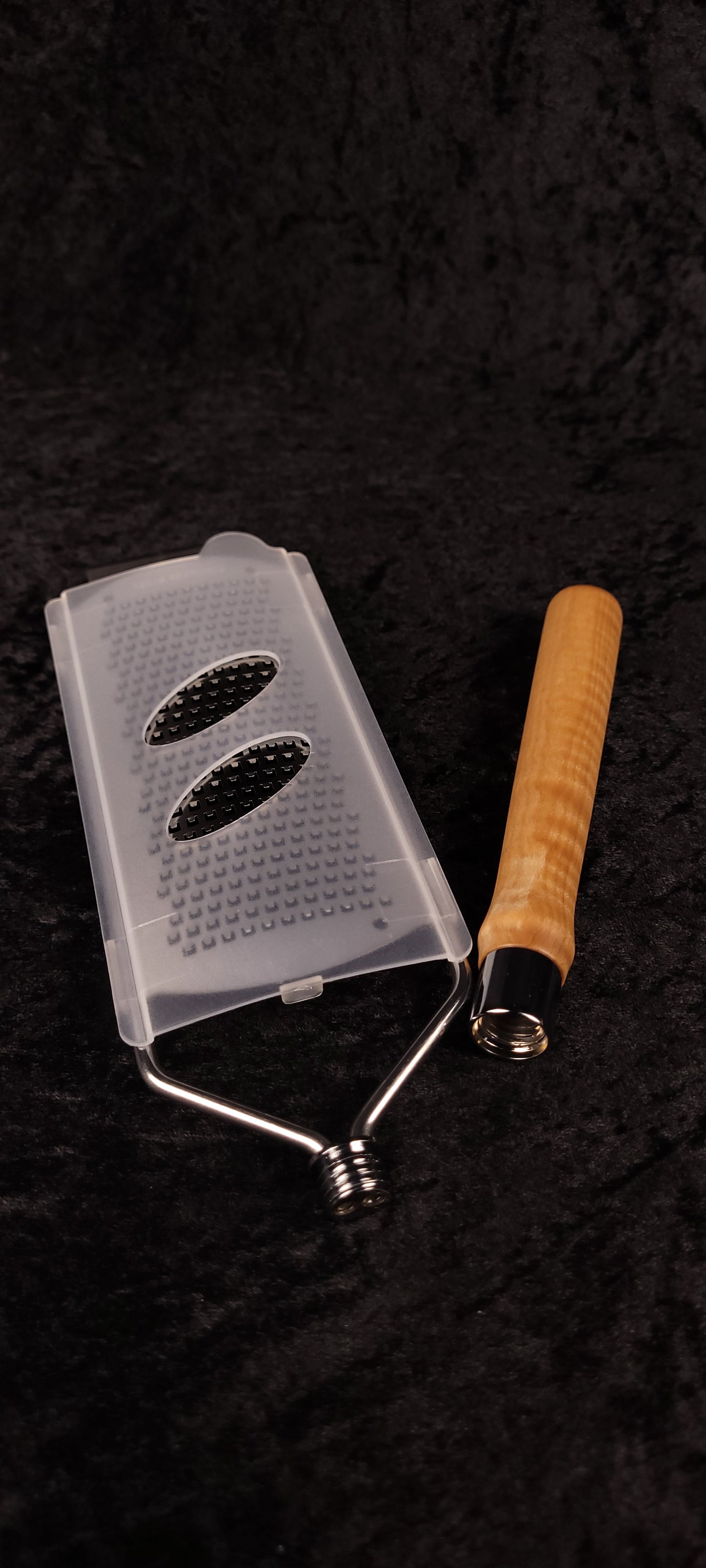 Handcrafted curly maple rasp grater with guard and handle separated