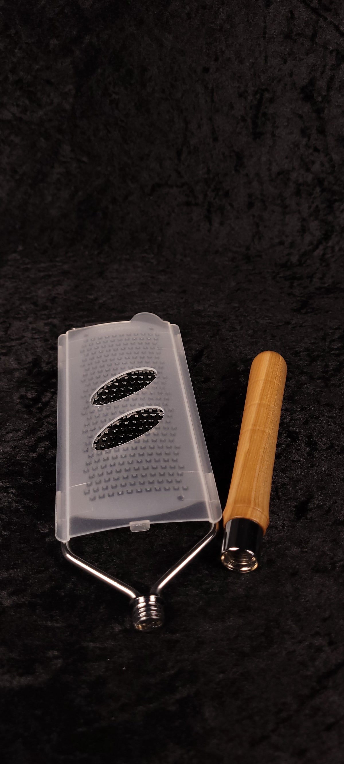Curly maple rasp grater assembled with guard, top-down view