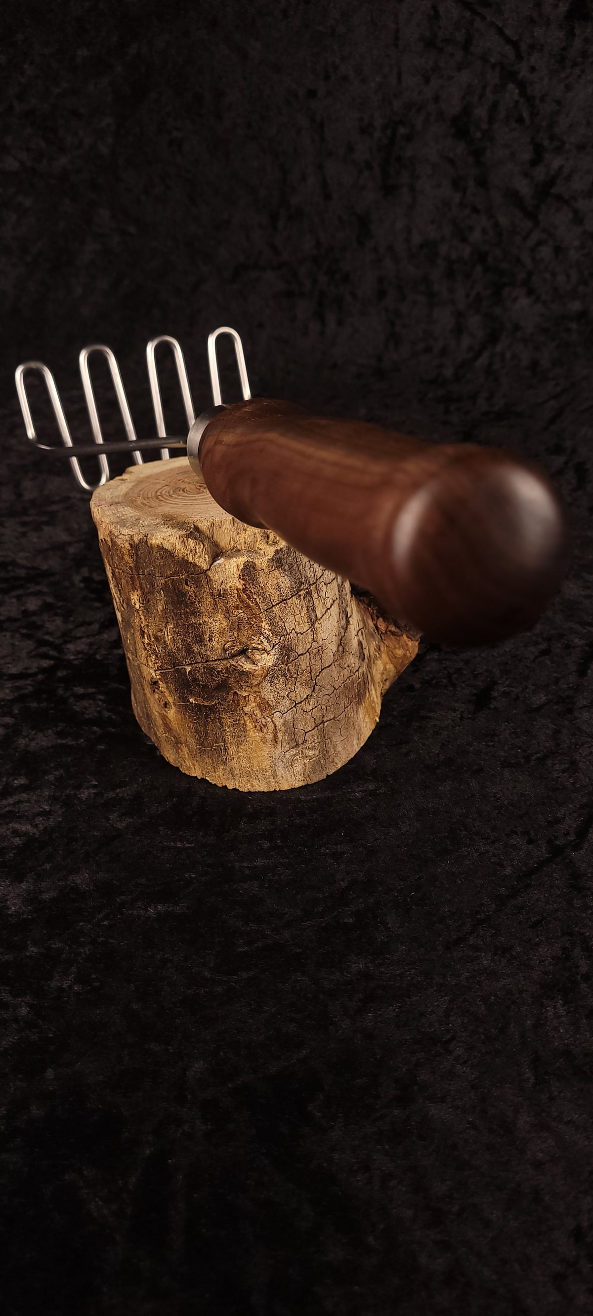 Walnut potato masher full length top-down view