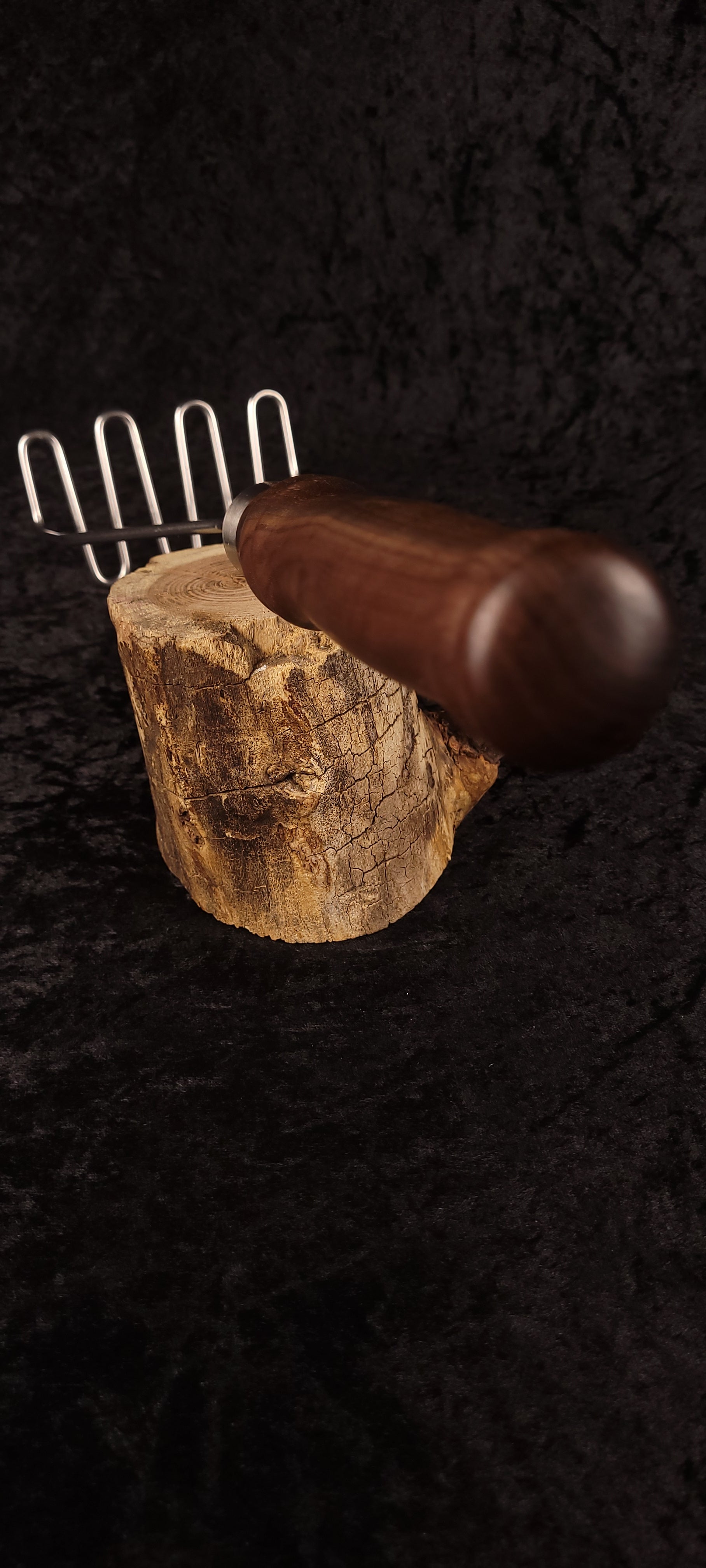 Walnut potato masher full length top-down view