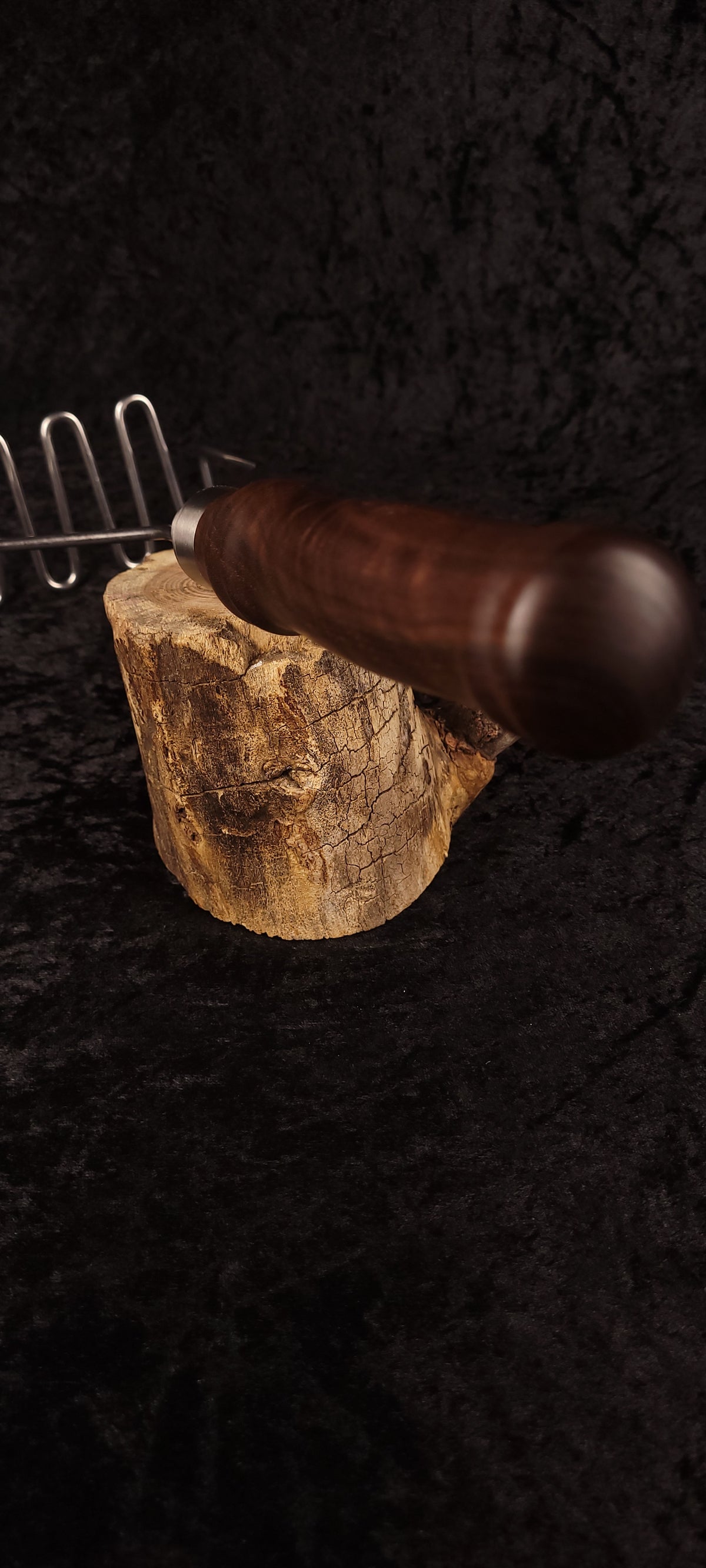 Walnut potato masher full length top-down view, alternate