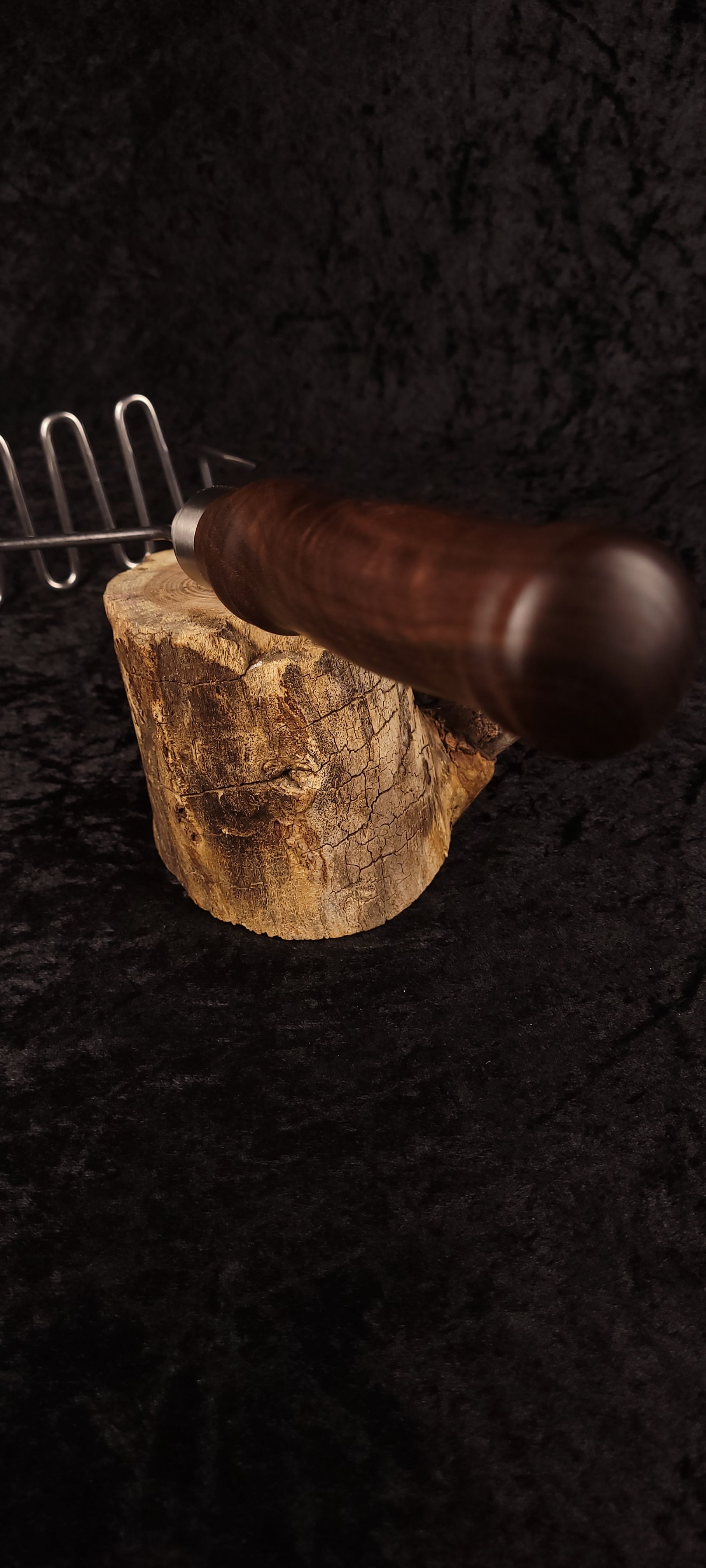 Walnut potato masher full length top-down view, alternate