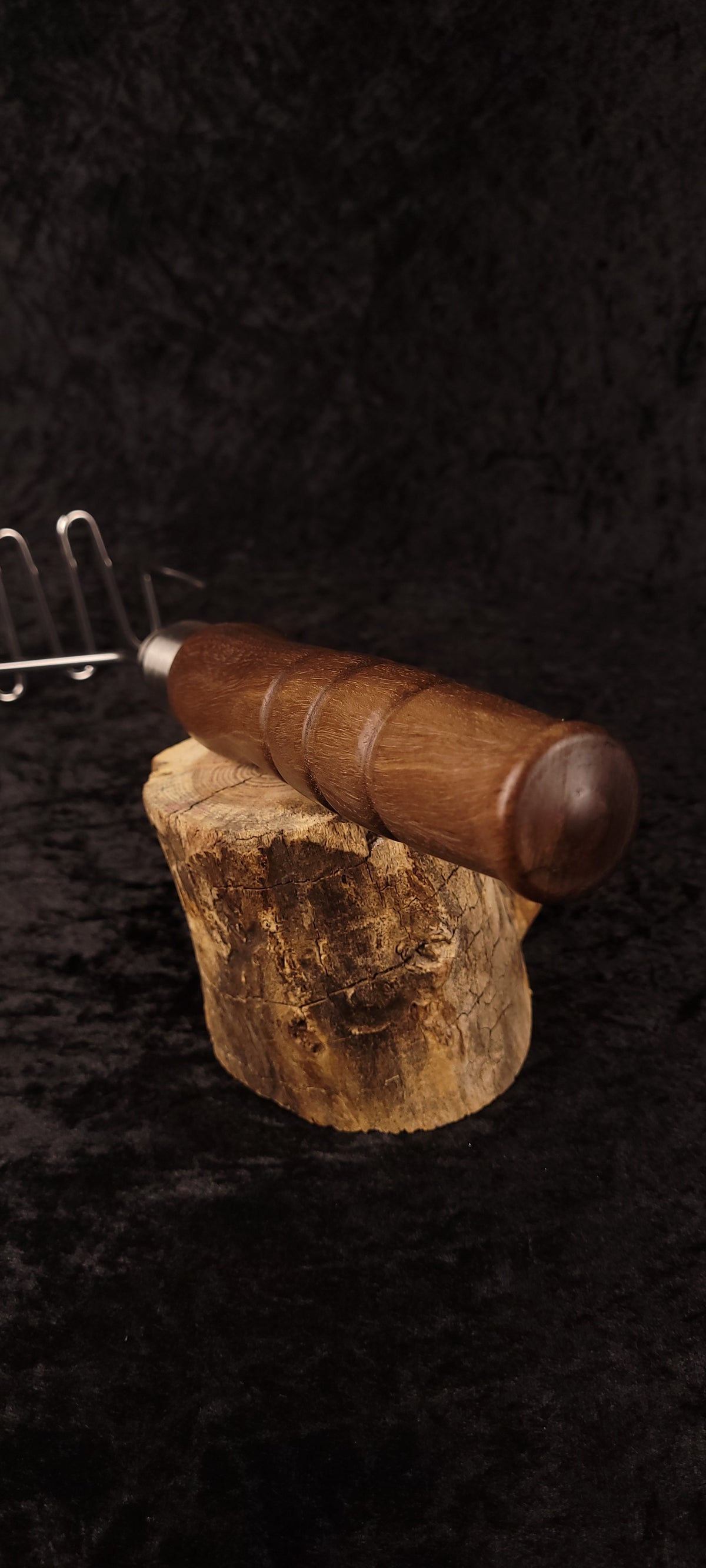 Walnut potato masher handle and ferrule detail, alternate angle