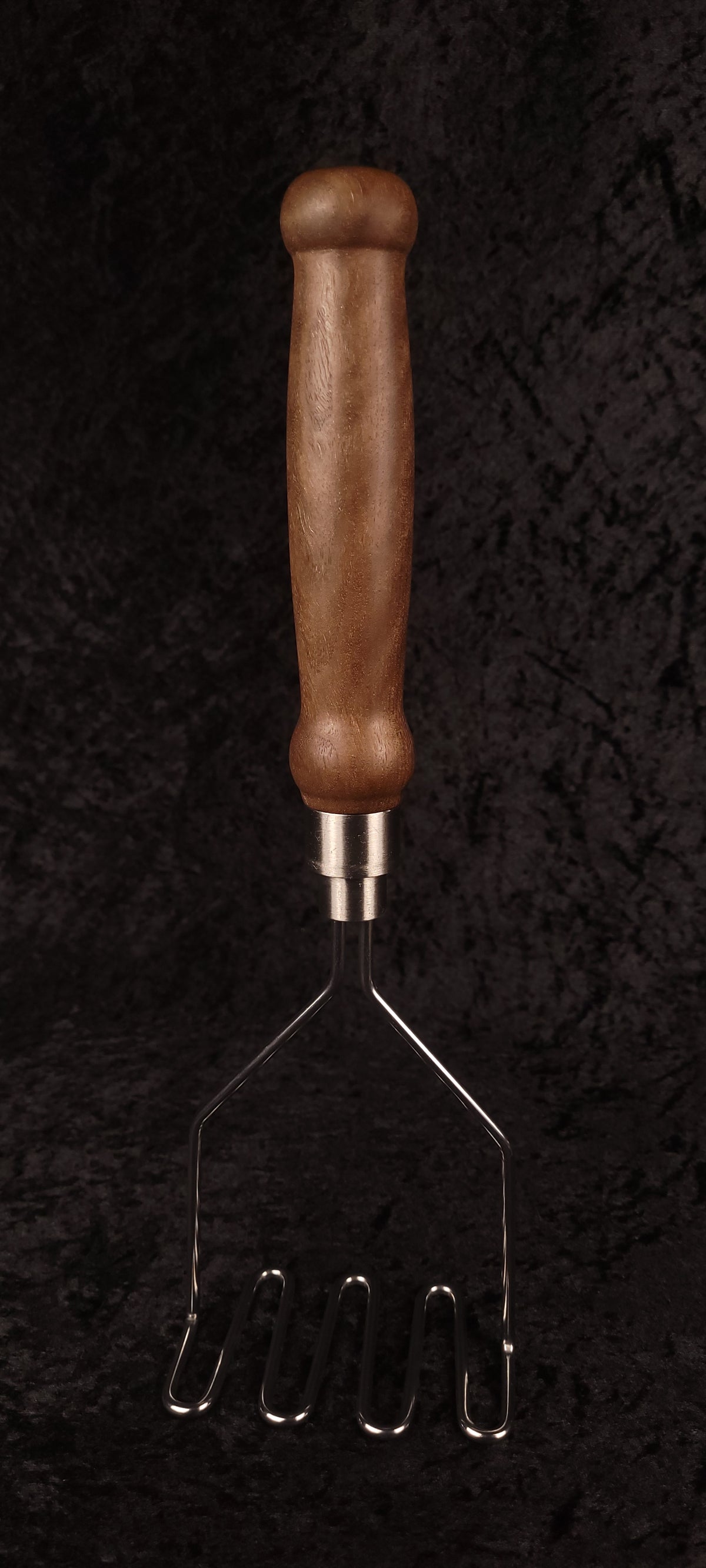 Walnut potato masher full length, alternate handle view