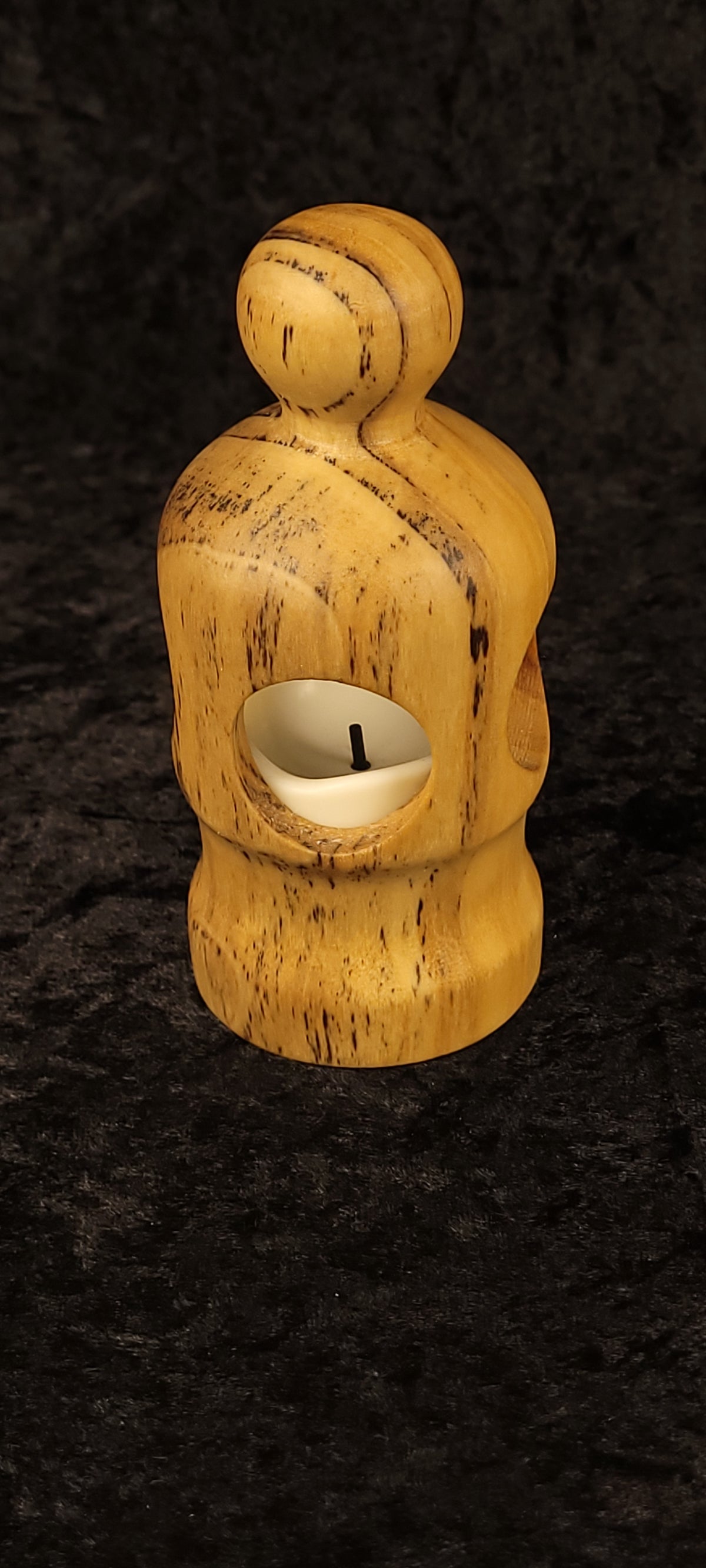 Handcrafted cottonwood figurative lantern unlit - front view showing spalted grain