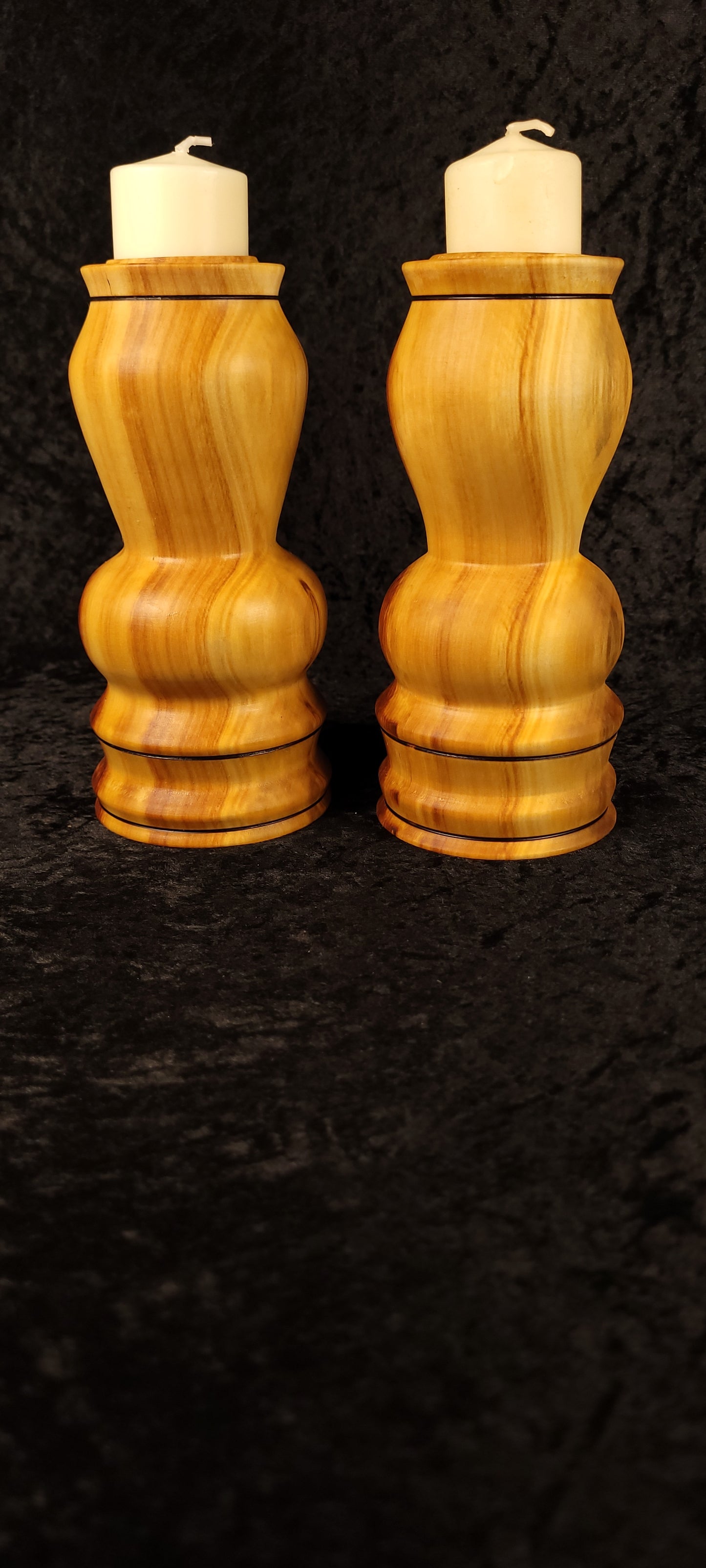 Aspen candle holder pair showing rich grain and knot figure - alternate front view