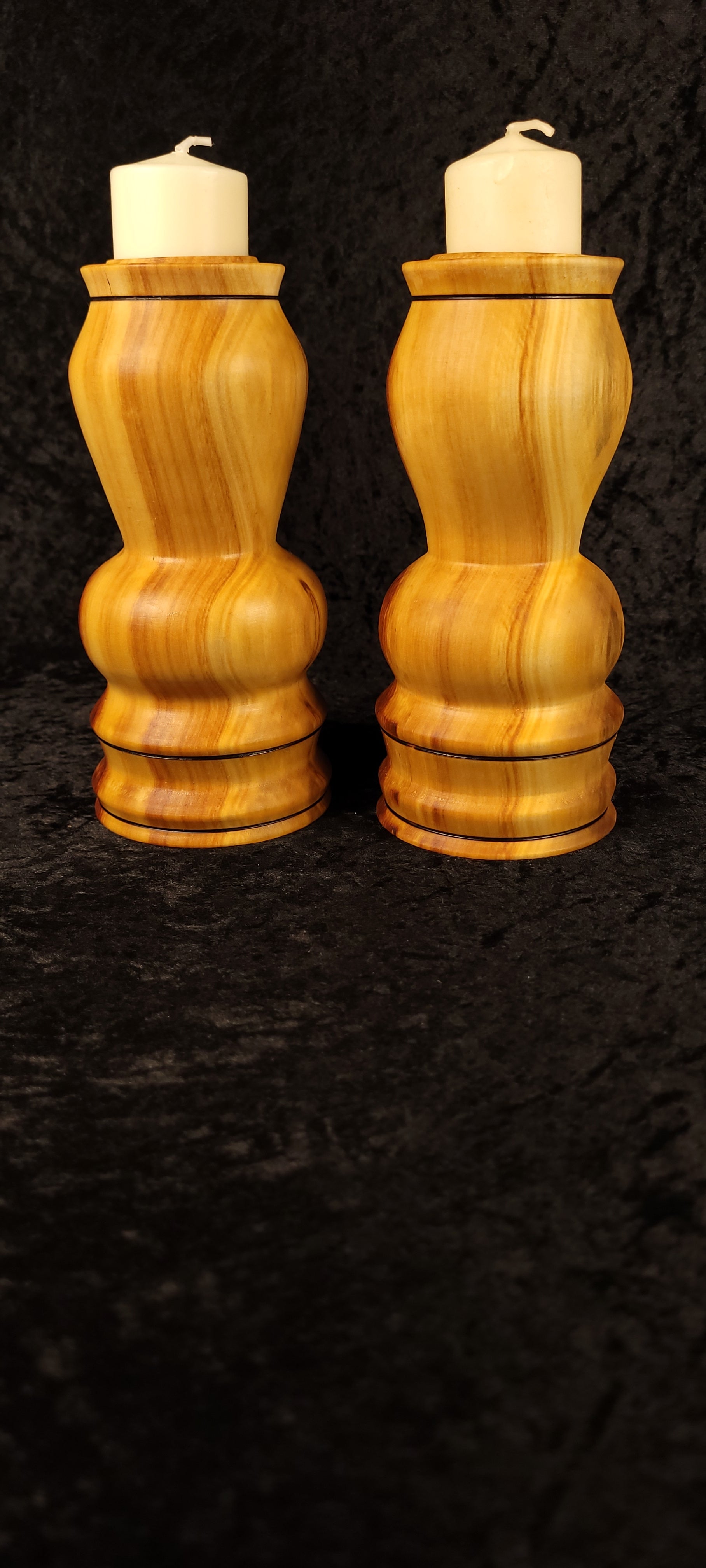 Aspen candle holder pair showing rich grain and knot figure - alternate front view