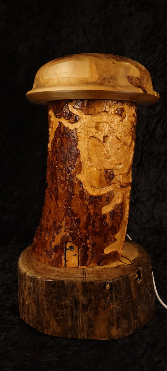 Handcrafted Wormy Pine RGB Lamp with Aspen Cap — unlit, front view showing beetle-gallery grain