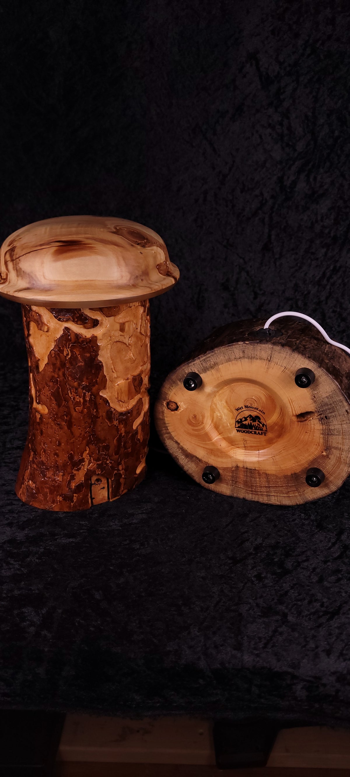 Wormy Pine RGB Lamp glowing red — side profile showing Aspen cap and pine column detail