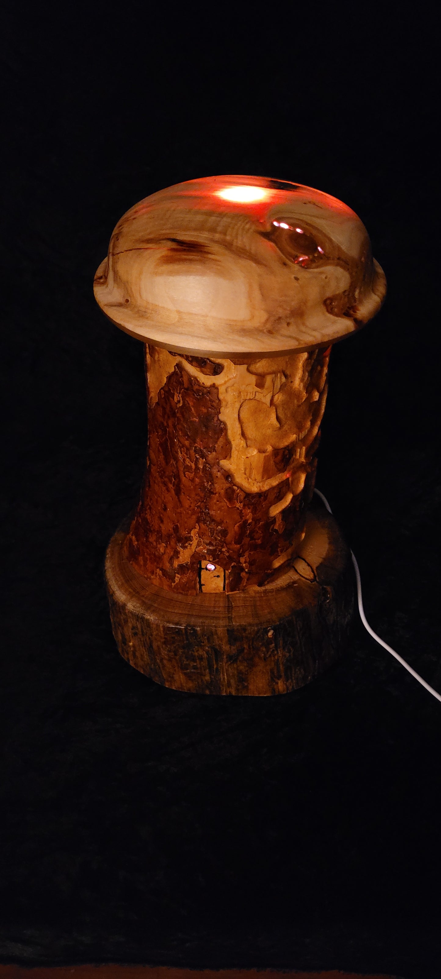Wormy Pine RGB Lamp with red LED glow, three-quarter front view