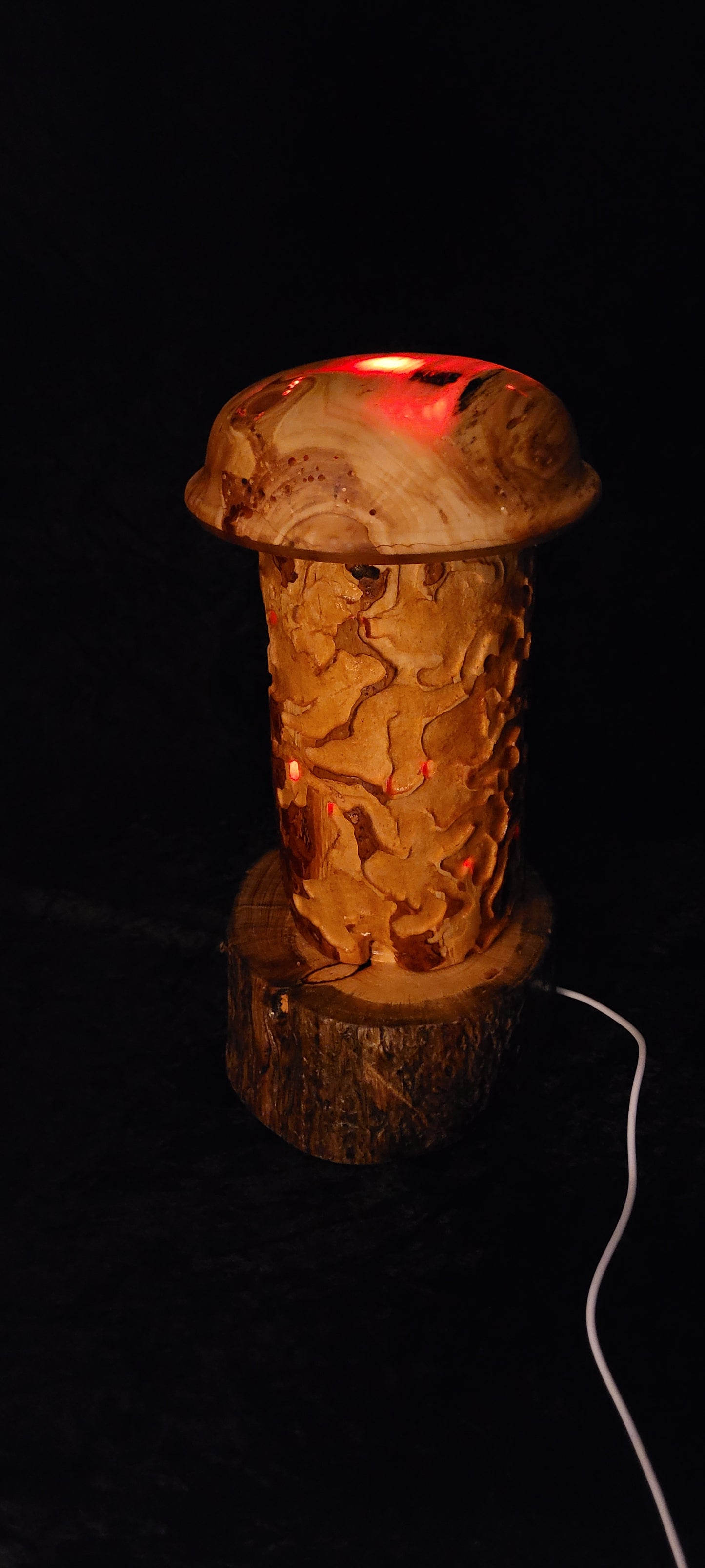 Wormy Pine RGB Lamp close-up of Aspen cap grain and shellac finish
