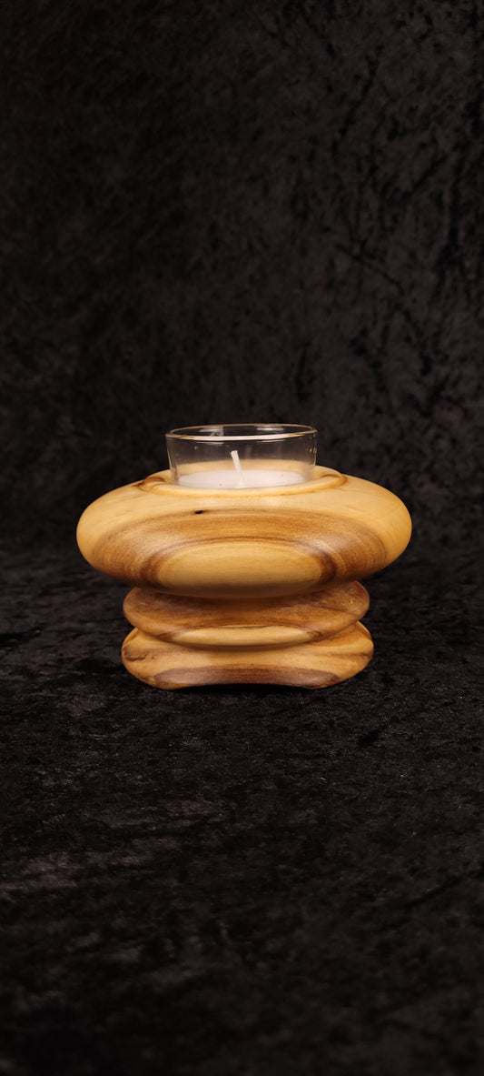 Handcrafted Aspen wood candle holder with glass votive candle insert, front view