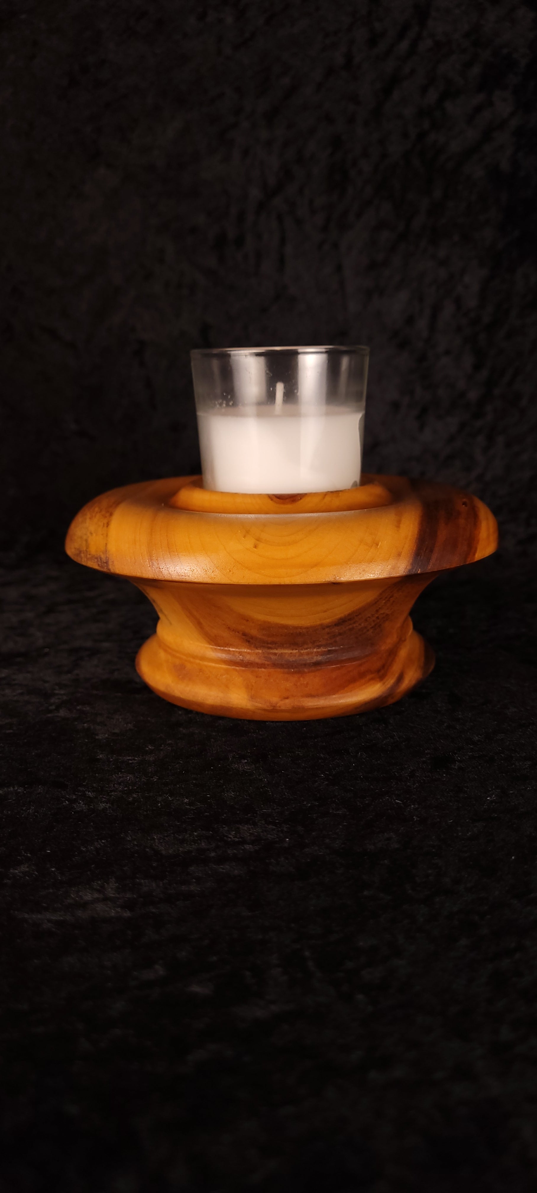Top view of handcrafted Colorado Aspen candle holder No. 3 with glass votive candle
