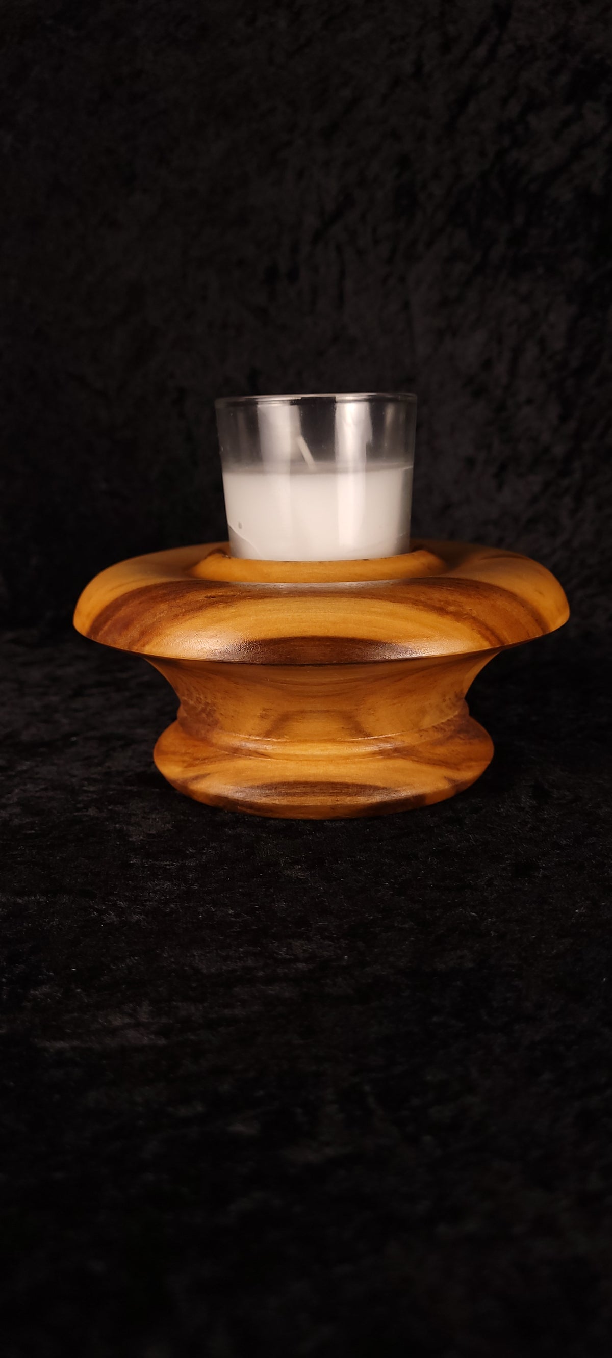 Detail of handcrafted Colorado Aspen candle holder No. 3 with glass votive insert