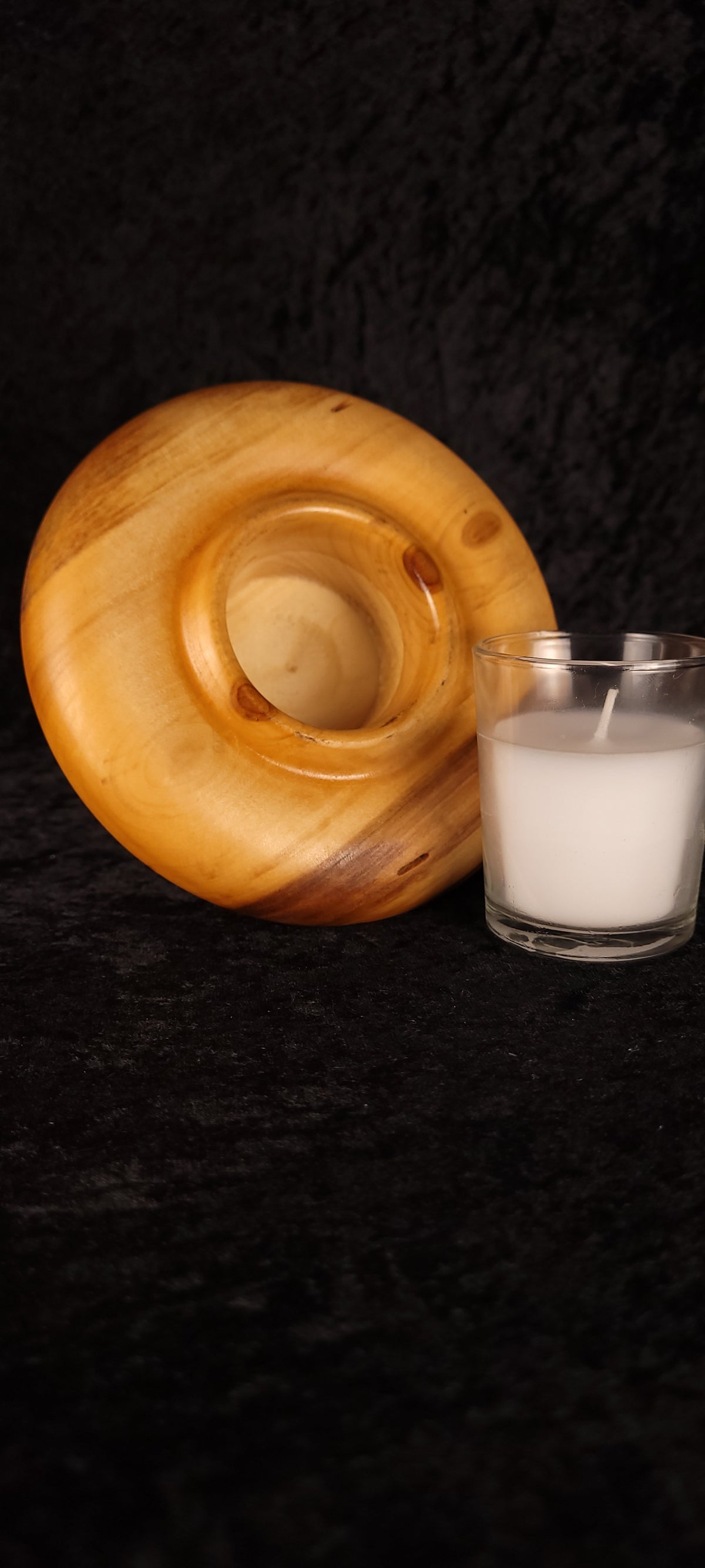Angled view of handcrafted Colorado Aspen candle holder No. 3