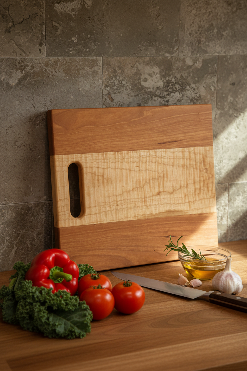Cherry Curly Maple Cutting Board — Upright