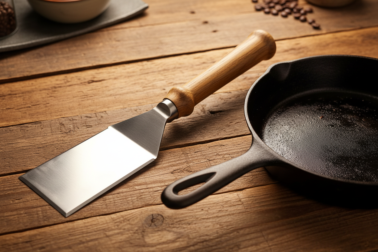 Griddle spatula flat lay beside cast iron skillet