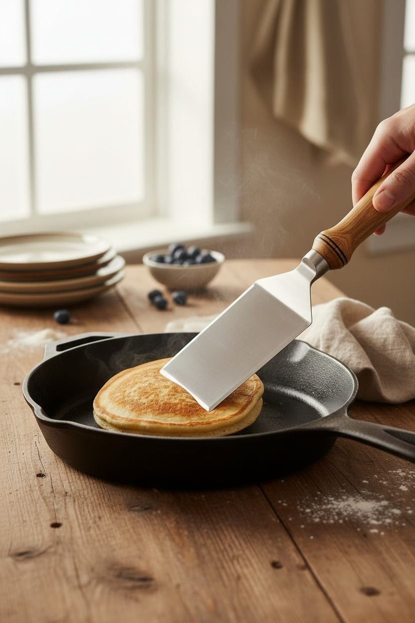 Griddle spatula flipping pancake on cast iron