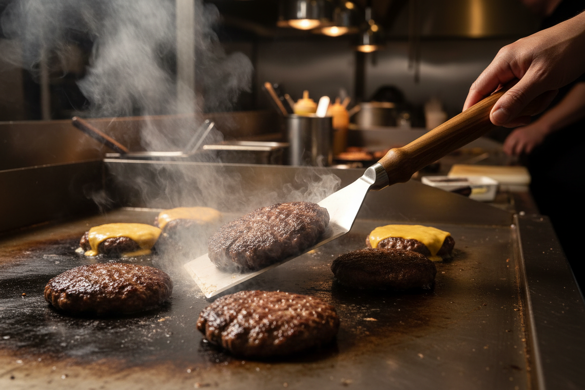 Griddle spatula on commercial flat-top with burgers
