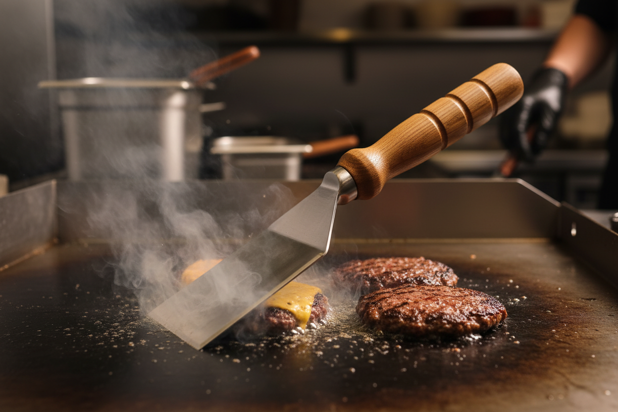 Griddle spatula on flat-top with smash burgers