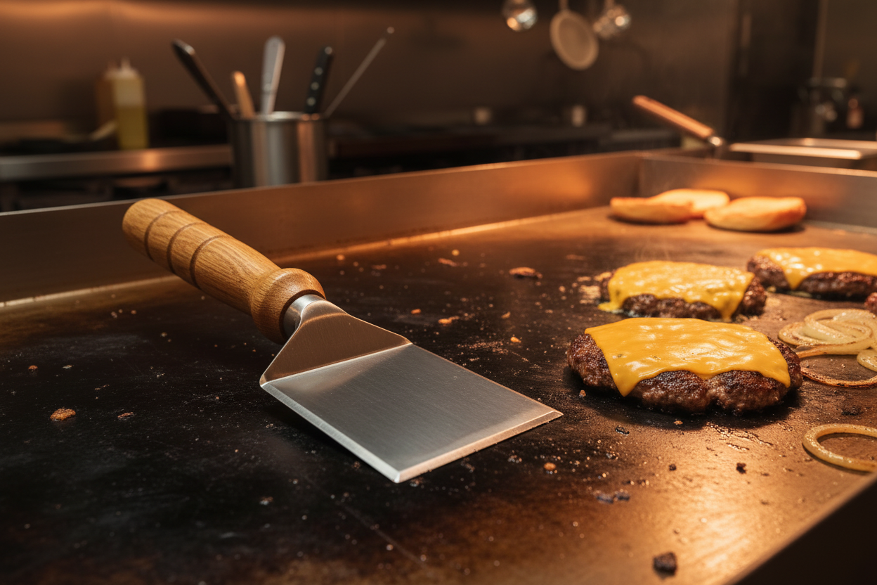 Griddle spatula resting flat on commercial griddle