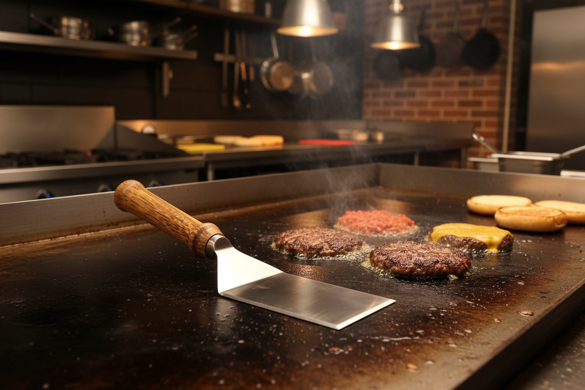 Griddle spatula resting on flat-top griddle