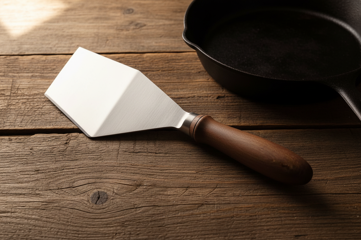 Walnut No. 4 spatula flat lay beside cast iron