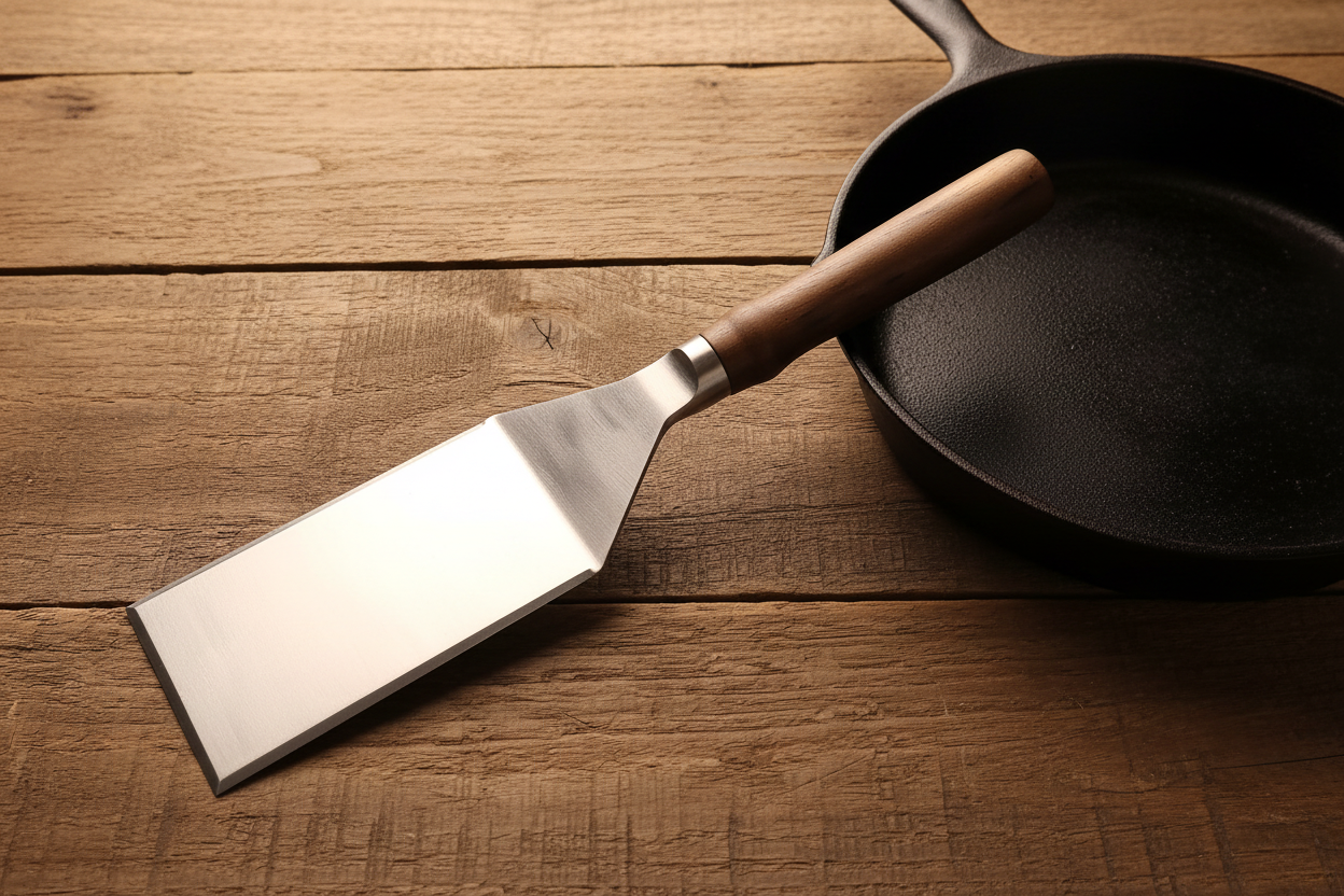 Walnut No. 5 spatula flat lay beside cast iron