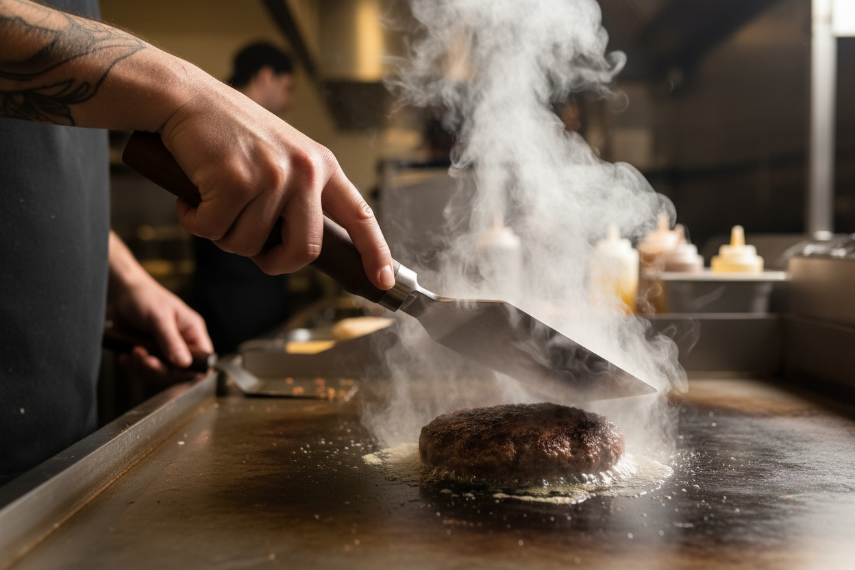 Walnut No. 5 spatula smashing burger on flat-top