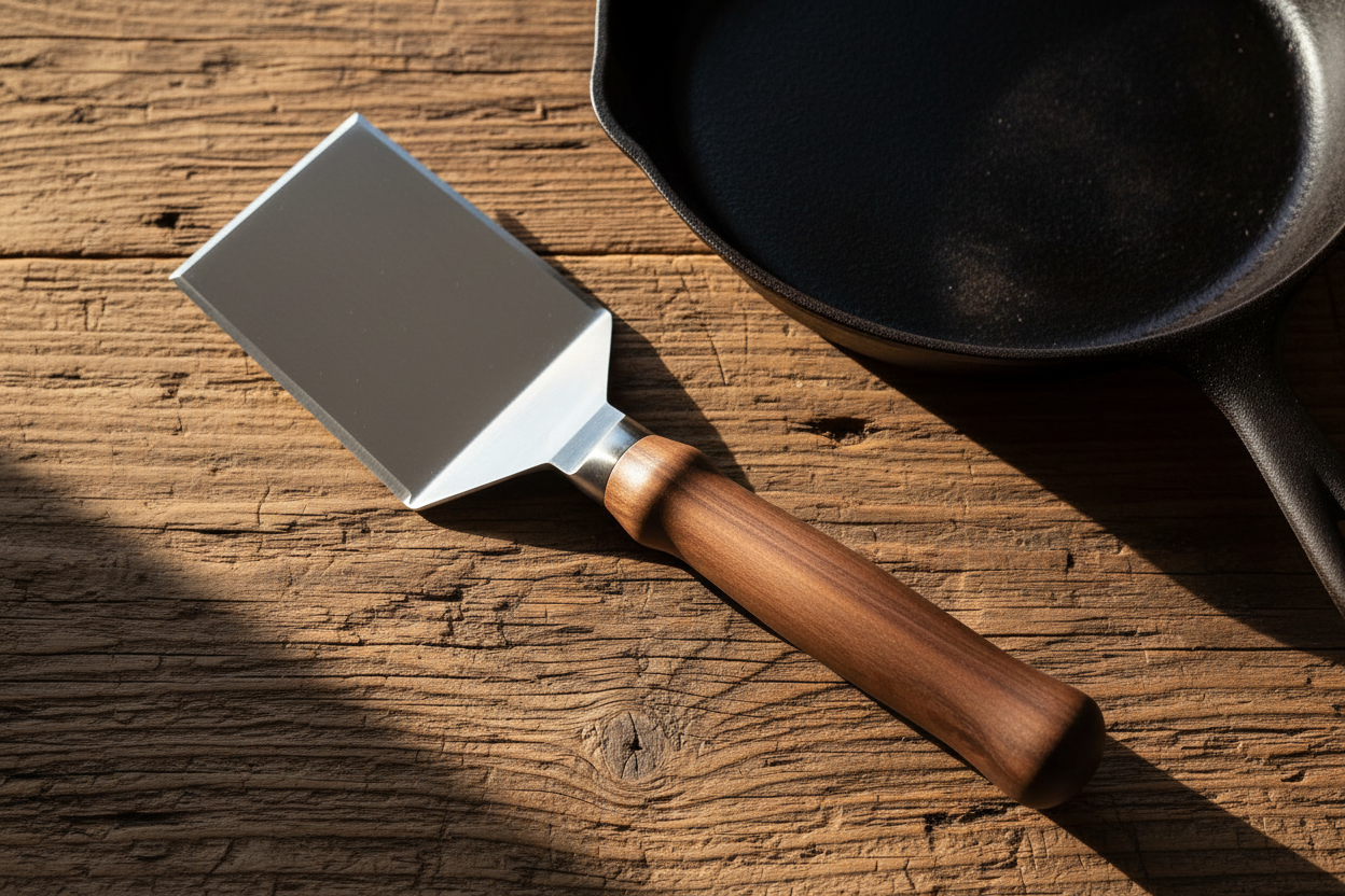 Walnut spatula flat lay beside cast iron skillet