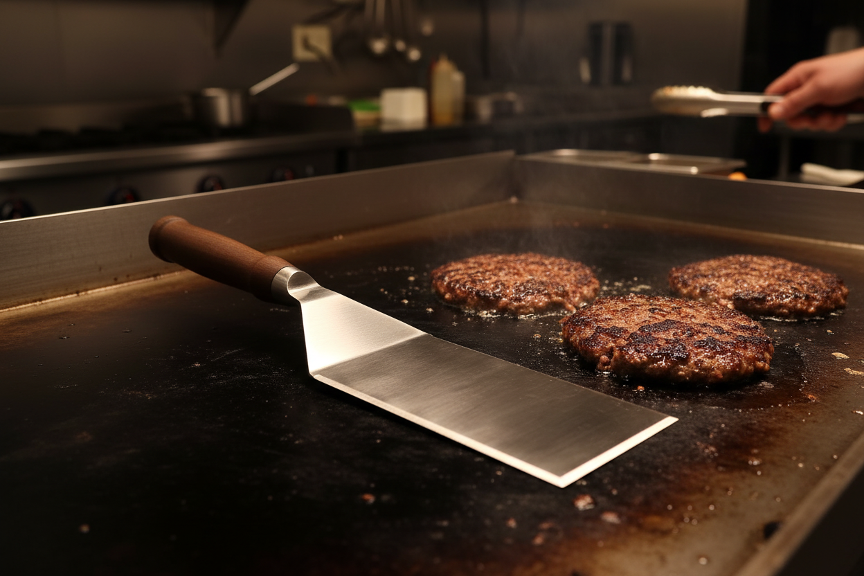 Walnut spatula resting flat on commercial griddle