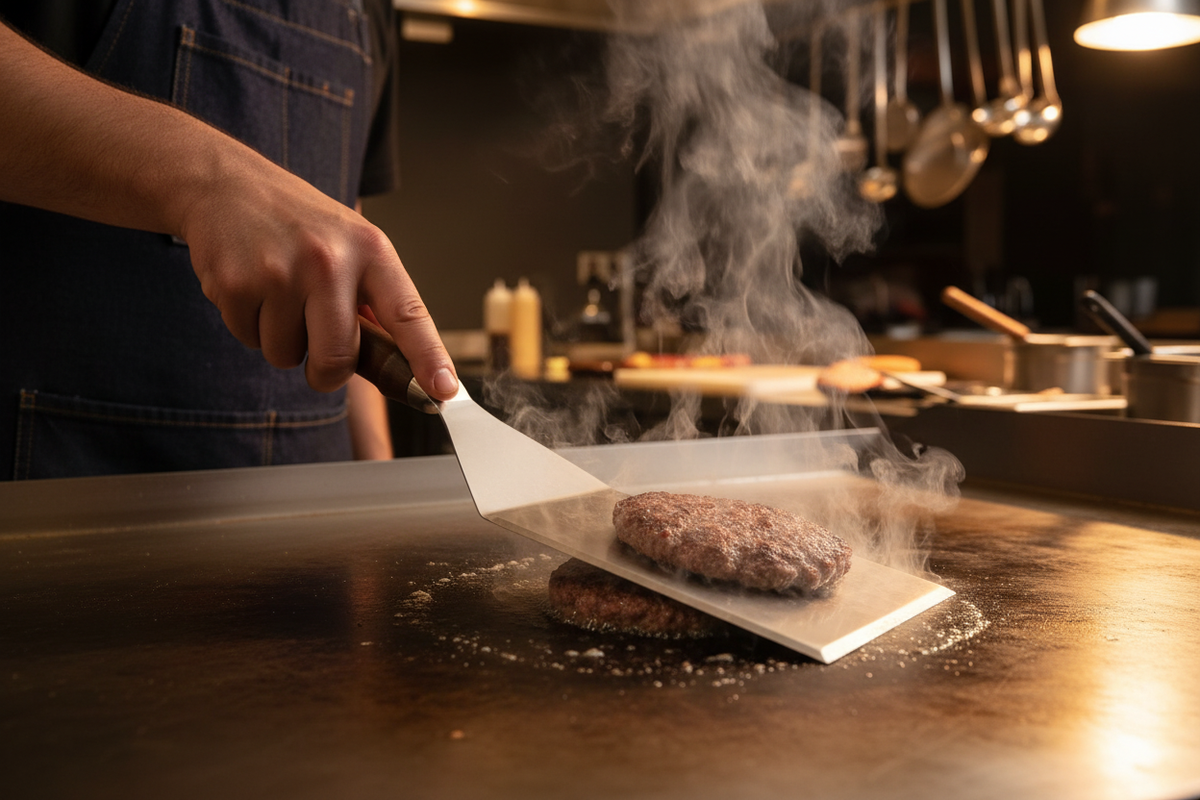 Walnut spatula smashing burger on flat-top griddle