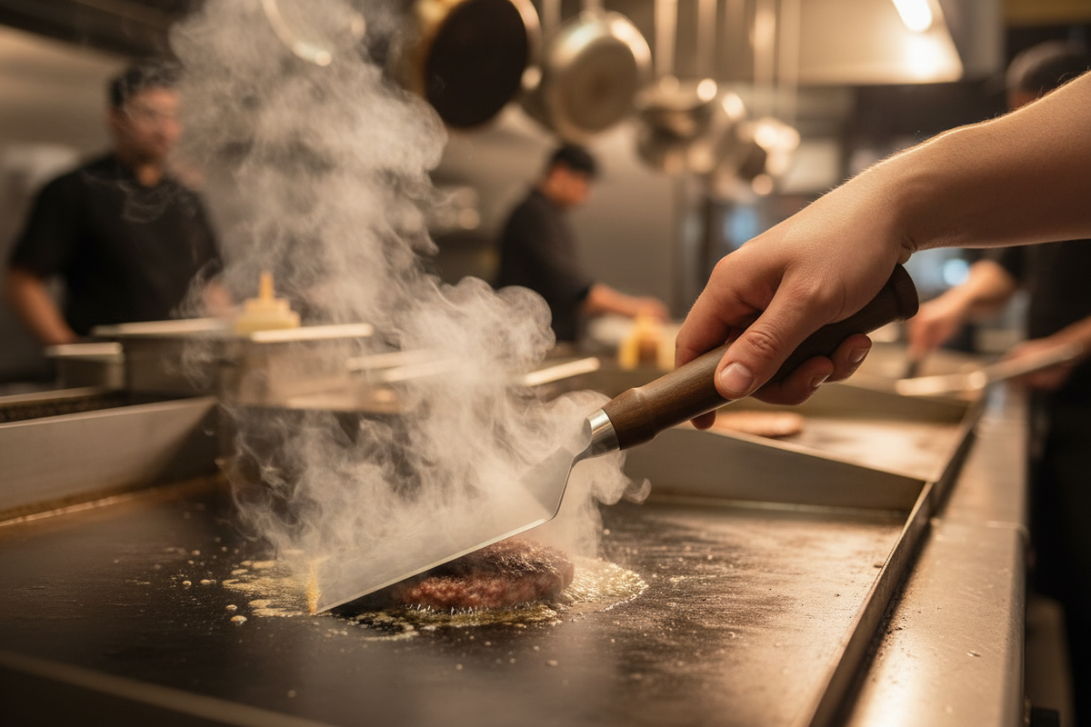Walnut spatula smashing burger on flat-top griddle